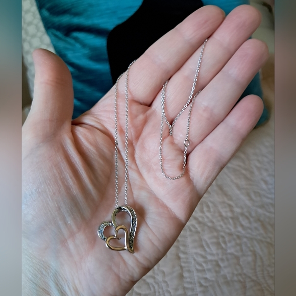 14kt Rose Gold Sterling Silver Diamond Double Heart Pendant Italian Necklace - Picture 5 of 12